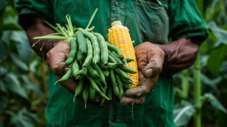 farmer holding ears of yellow corn and a bunch of green beans generative aiの素材