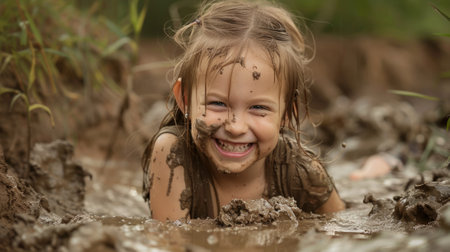 little girl laughing while playing with the mud generative aiの素材