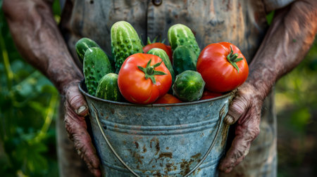 farmer holding a bucket of ripe red tomatoes and crisp green cucumbers generative aiの素材