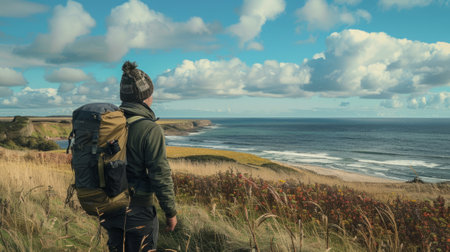 man with his back turned, showing his backpack and the coastal landscape in front of him. generative aiの素材