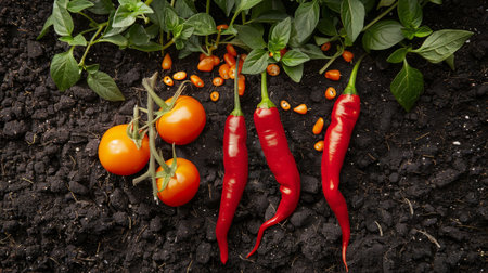 red chili peppers and orange habaneros in the garden soil generative aiの素材