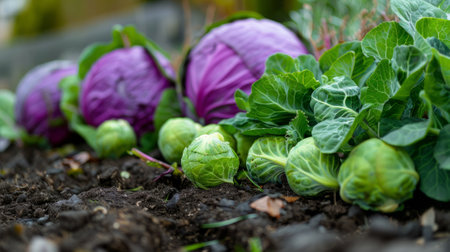 Green Brussels sprouts and a red cabbage on the ground generative aiの素材