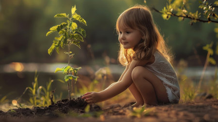 girl kneeling next to the tree she just planted generative aiの素材