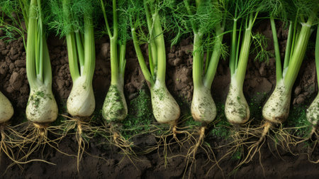 fennel with its green leaves and horseradish roots on the ground generative aiの素材