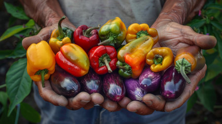 farmer holding red, green and yellow peppers, along with purple eggplants generative aiの素材