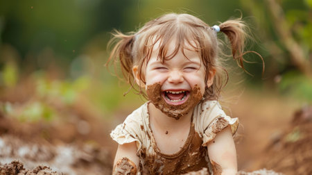 little girl laughing while playing with the mud generative aiの素材