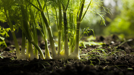fennel with its green leaves and horseradish roots on the ground generative aiの素材