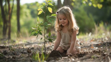 girl kneeling next to the tree she just planted generative aiの素材