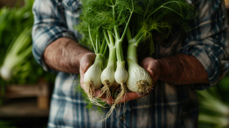 farmer holding fennel with its green leaves and horseradish roots generative aiの素材