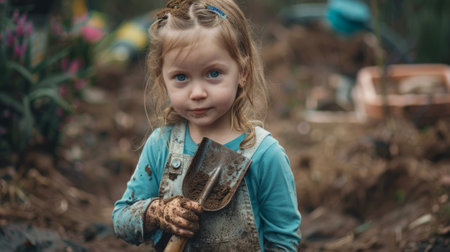 little girl holding a small shovel in her hands full of mud generative aiの素材