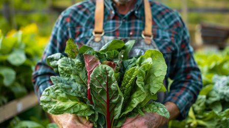 farmer smiling while holding a bunch of green spinach and colorful chard generative aiの素材