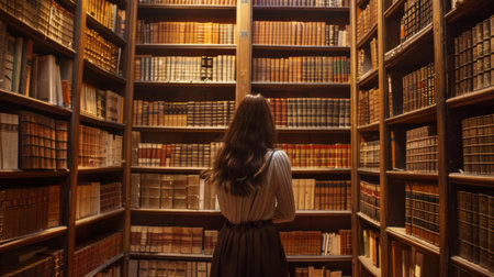 Woman standing in a library with shelves full of books generative aiの素材
