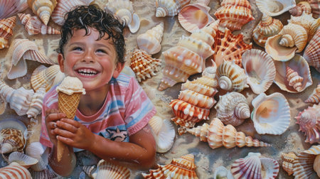 smiling boy with his ice cream, surrounded by shells of different sizes and shapes generative aiの素材