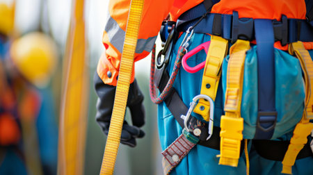 Engineers wearing safety equipment such as harnesses, helmets and protective glasses, highlighting the importance of safety at work. generative aiの素材
