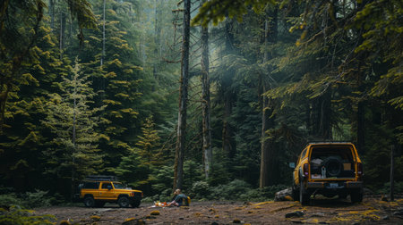 truck parked in a forest clearing generative aiの素材