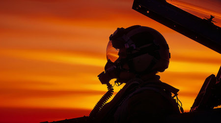pilot against orange sunset sky generative aiの素材