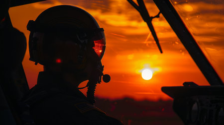 pilot against orange sunset sky generative aiの素材