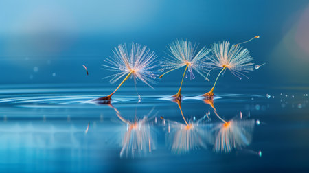 dandelion seeds with dew, reflected in a calm lake with blue background generative aiの素材