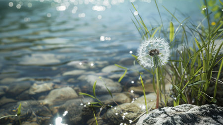 dandelion seeds with dew, next to the bank of a river generative aiの素材