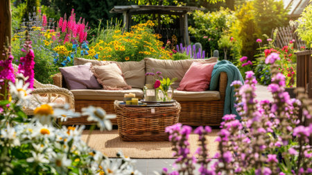 Scandinavian wicker sofa and a low table on a patio surrounded by bright and colorful flowers generative aiの素材