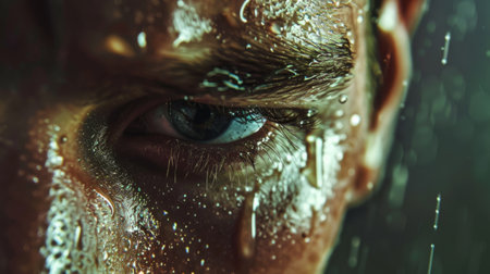 Person with sweat visible on the forehead and dripping down the face generative aiの素材