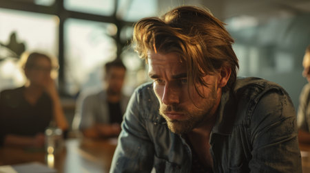 Person with sad expression, looking down, while his colleagues discuss in a meeting room. generative aiの素材
