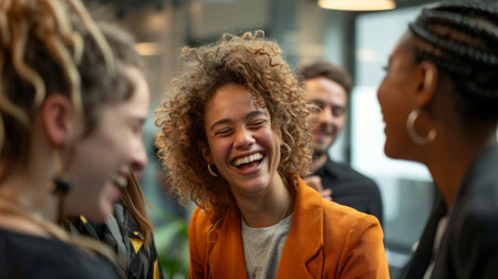 person sharing good news with a group of coworkers, all smiling. generative aiの素材