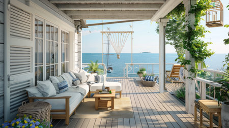 landscaped patio in a coastal house, with sea views generative aiの素材