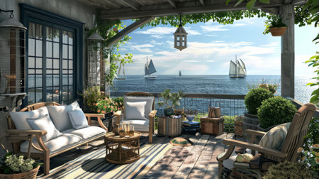 landscaped patio in a coastal house, with sea views generative aiの素材