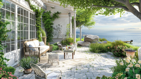 landscaped patio in a coastal house, with sea views generative aiの素材