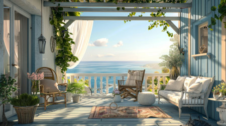landscaped patio in a coastal house, with sea views generative aiの素材