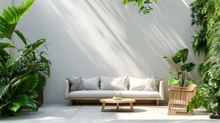 Minimalist atmosphere with green leafy plants and simple decoration, highlighting the Scandinavian design of the sofa and table. generative aiの素材