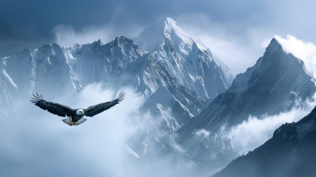 Mountain peaks with low clouds and an eagle flying majestically generative aiの素材