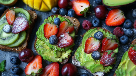 Healthy and Vibrant Breakfast Spread with Avocado Toast and Assorted Fruits generative aiの素材