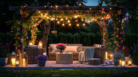 Garden patio with vine covered pergola and hanging lights over sofa and table. generative aiの素材