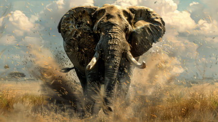 elephant, wrinkled skin, tusks and its trunk generative aiの素材