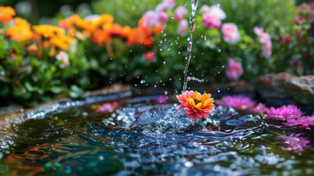 colored water jet in a garden full of flowers, taking advantage of the natural colors of the environment. generative aiの素材