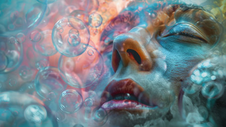 Closeup of a face with multiple bubbles generative aiの素材