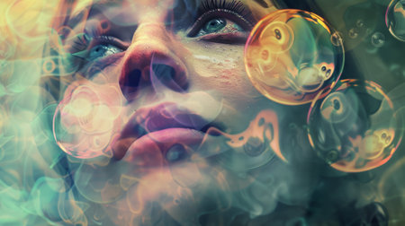 Closeup of a face with multiple bubbles generative aiの素材