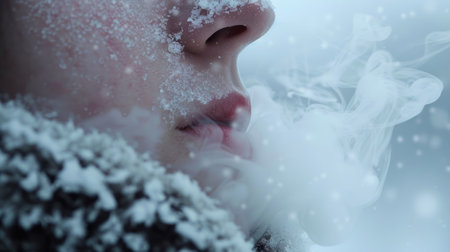 Close-up of mouth and nose with heavy breathing, steam visible in the cold air generative aiの素材