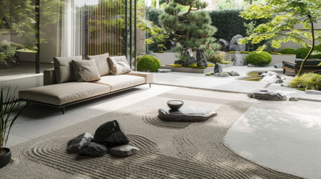 calm atmosphere with Zen garden elements, such as stones and Japanese plants. generative aiの素材