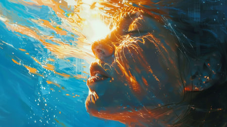 woman with sunlit face, summer generative aiの素材