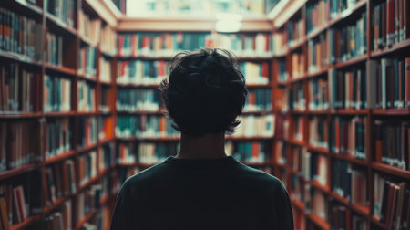 Writer in the background of a library generative aiの素材