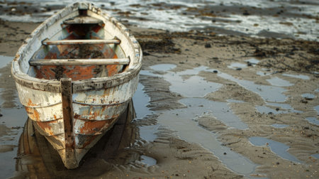Wood texture, reflections of the water and the contrast of the boat with the sand and the sea. generative aiの素材