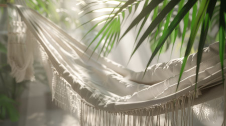 Gentle movement of the hammock, light filtering through the palm leaves and the texture of the hammock fabric. generative aiの素材