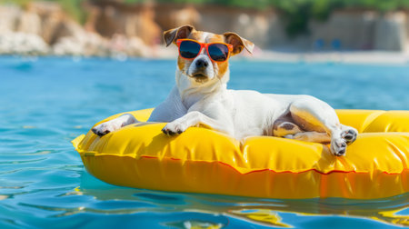 Jack Russel dog lounging on an air mattress in the beach water, wearing sunglasses, generative aiの素材