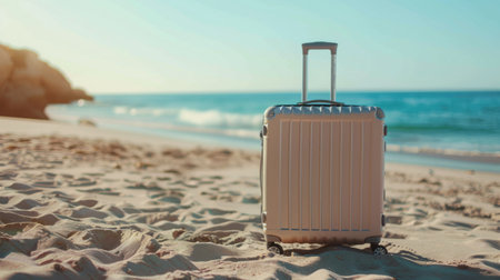 Modern beige suitcase in the sand, in front of a beach generative aiの素材
