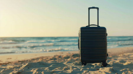 Modern black suitcase in the sand, in front of a beach generative aiの素材