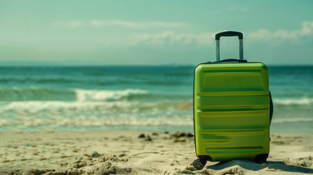 Modern green suitcase in the sand, in front of a beach generative aiの素材