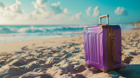 Modern purple suitcase in the sand, in front of a beach, generative aiの素材